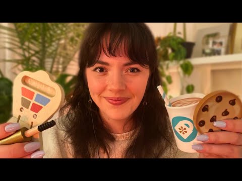 ASMR Wooden Makeup and Coffee Shop Roleplay (layered...