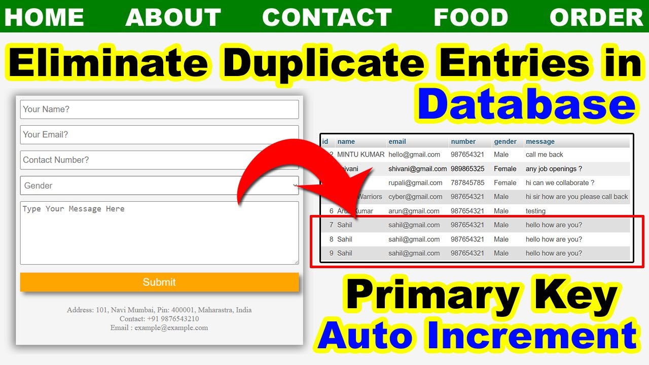 How to eliminate duplicate entries from database, what is PRIMARY KEY in PHP, Auto increment in PHP