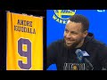 Stephen Curry reacts to Andre Iguodala Warriors Jersey Retirement