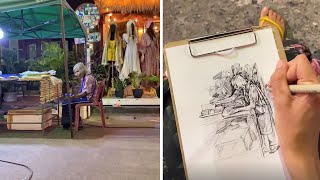 Talented artist draws sweet lady selling banana cakes at the Night Market