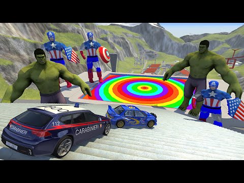 Stairs Jumps Down In Rainbow Slime Pool - BeamNG.drive Down Stairs Jumps With HULK & Captain America