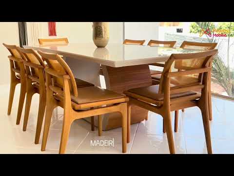 Video thumbnail of Sala de Jantar Mesa Ellis 220cm Madeira Tampo com Vidro com 8 cadeiras Eva Premium