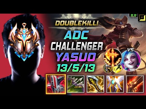 Challenger Yasuo ADC vs Jinx - 챌린저 원딜 야스오 템트리 룬 철갑궁 정복자 ヤスオ Ясуо 疾风剑豪 犽宿 - LOL KR 11.11