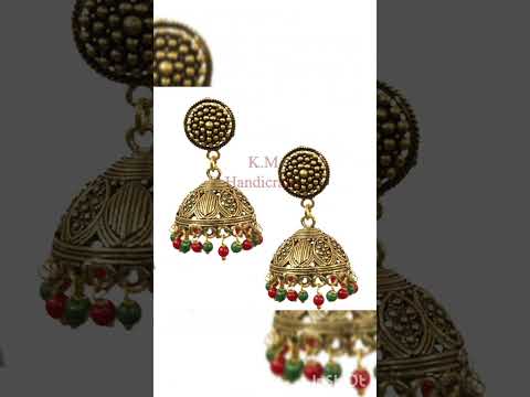 GS Vintage Style Dome Earrings with Green and Red colour Bead Embellishments
