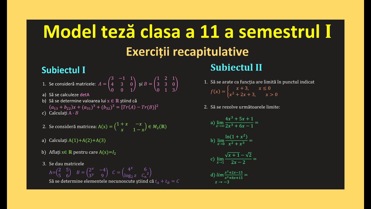 Model teza matematica clasa 11 sem 1 rezolvare matrice determinanti limite(Invata Matematica Usor)