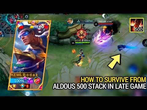 HOW TO SURVIVE FROM ALDOUS (500 stacks) IN LATE GAME | BRUNO BEST BUILD AND EMBLEM MLBB