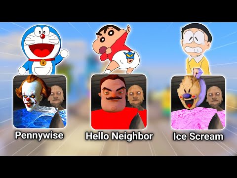 Pennywise Granny 2 vs Hello Neighbor Granny 2 vs Ice Scream Granny 2 Escape with Doraemon Nobita
