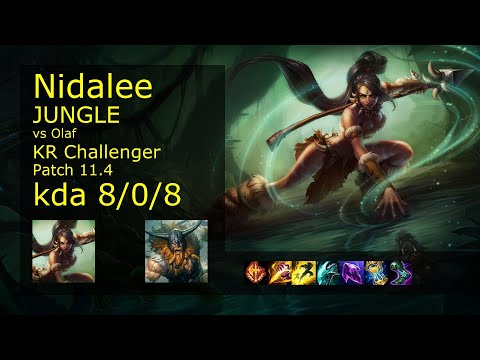Nidalee Jungle vs Olaf - KR Challenger 8/0/8 Patch 11.4 Gameplay // [롤] 니달리 vs 올라프 정글