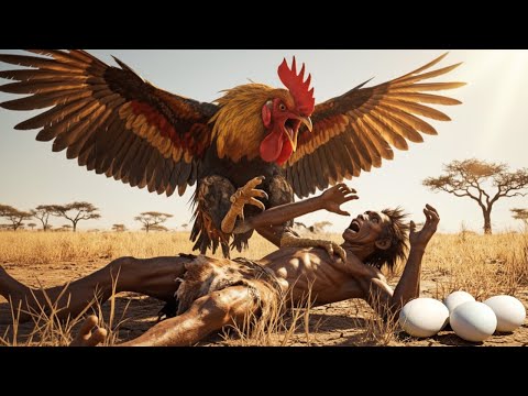 Life Ancient Million Years Ago: A prehistoric man collides with a giant prehistoric chicken