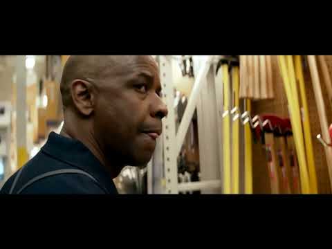 The Equalizer 2014 official trailer frame with Denzel Washington as Robert McCall walking through Home Mart
