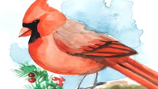 Christmas Cardinal Bird Watercolor Tutorial for Beginners