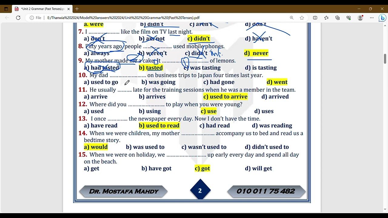 Unit 2 Grammar Past Tenses pdf   (Part One)