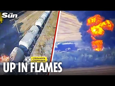 Moment Ukraine drone INCINERATES Russian train in major blow to Putin