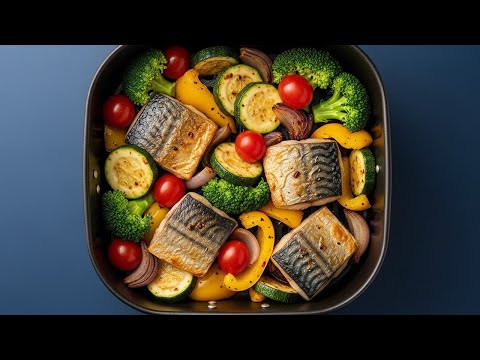 One Pot Air Fryer Healthy Recipe, Healthy Dinner Idea, Air Fryer Mackerel Zucchini Broccoli