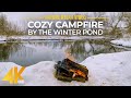 4K Cozy Bonfire By The Winter Pond Snowy Winter Ambience With A Warming Campfire