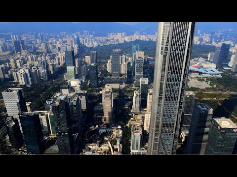 Centro de viagens na cidade de Shenzhen, Futian CBD, o conteúdo de transporte mais completo da história, o CBD mais avançado da China. Foto aérea de Shenzhen