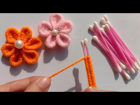 Amazing woolen flower craft ideas using cotton buds ll Easy flower making HAND EMBROIDERY 🪡 ll
