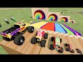 Big & Small Monster Trucks Jumping Through Giant Portal & Stairs Color Racing Jumps and Crashes