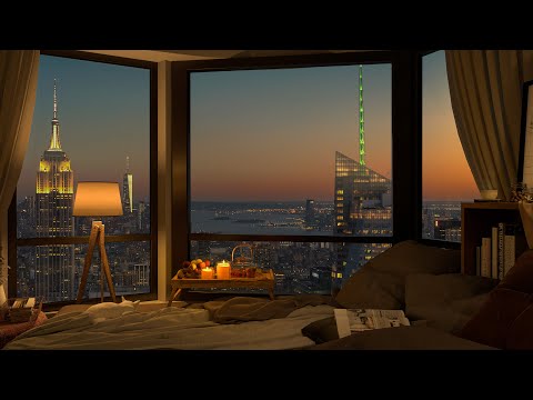 New York City Views Night in Cozy Apartment with Jazz Music for Relax and Study