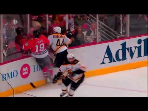 Dennis Seidenberg and Zdeno Chara hits on Jonathan Toews June 22 2013 HD Game 5