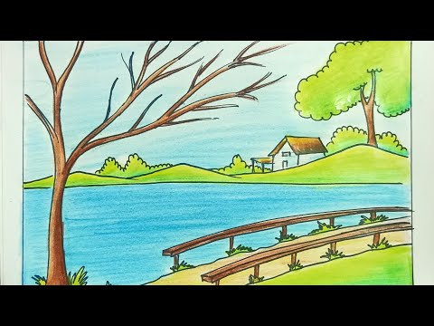 How to draw easy scenery drawing of nature| beautiful village house drawing