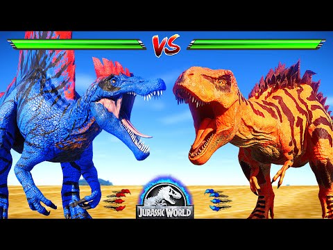 Max Level 40 Tyrannosaurus Rex vs Max Lvl 40 Spinosaurus Dinosaurs Fight 🌍 JURASSIC WORLD EVOLUTION