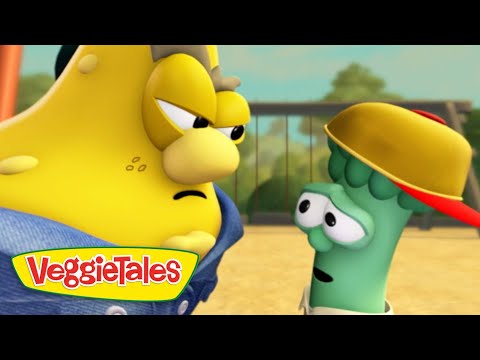 Two VeggieTales characters—one tall yellow figure with a worried expression and a green broccoli wearing a wide hat—talking outdoors in a sunny setting, with the VeggieTales logo visible in the corner.