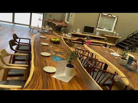 NTS 1351 - 3.2m long one piece timber table with blue resin