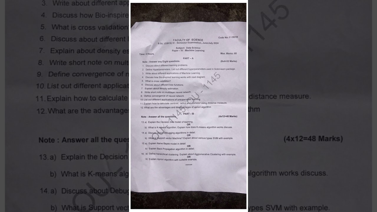 machine learning#4semester #2ndyear  #questionpaper #paper #ou #machinelearning #machine #ml