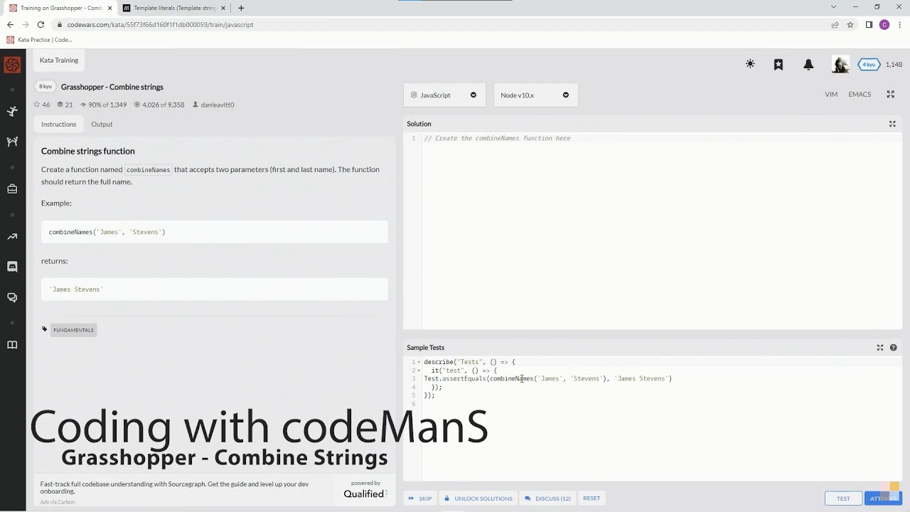 Codewars 8 kyu Grasshopper - Combine Strings JavaScript