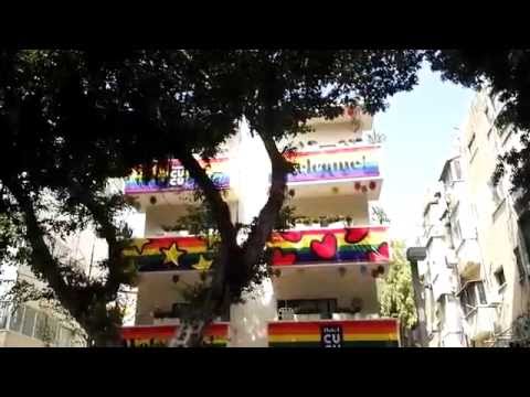 The rainbow flag on the front of a boutique hotel in Tel Aviv, Israel. Gay Pride Parade 2016