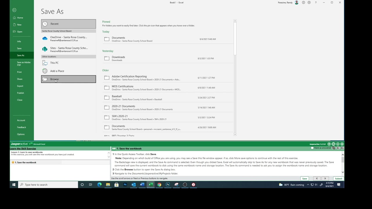 Excel Lesson 1e Saving Workbooks