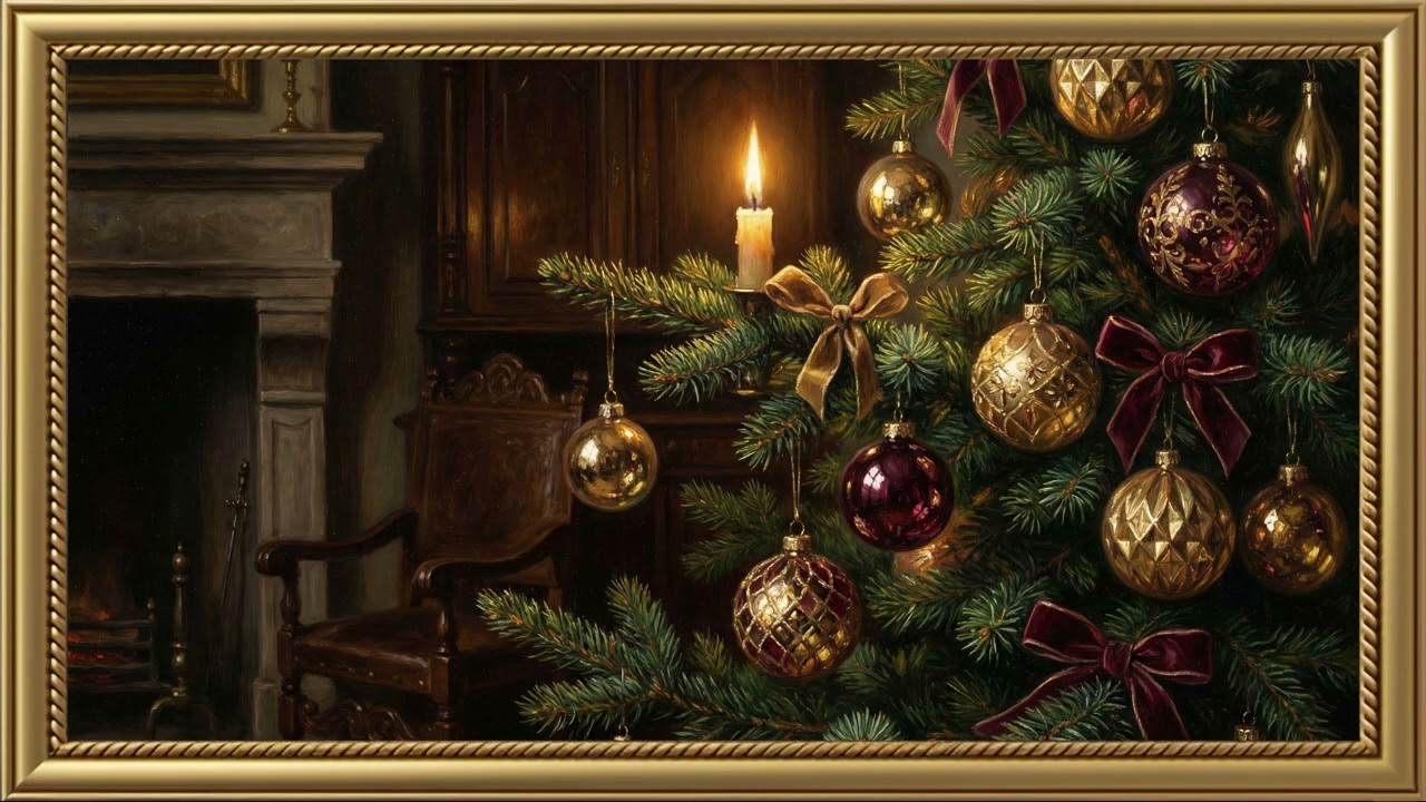 Elegant Christmas Tree Ornaments Gold Frame TV Art Screensaver | 2 Hours 4K — 4K ambient art screensaver in baroque gold frame