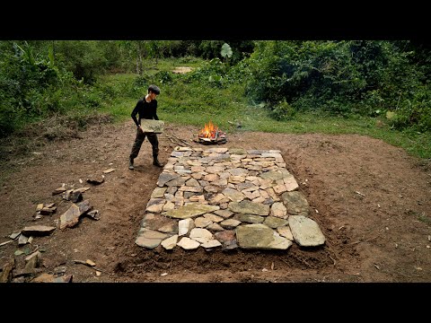Building a Wooden House / Off- Grid Cabin for Survival in the Wild, Flooring with nature stone | Ep1