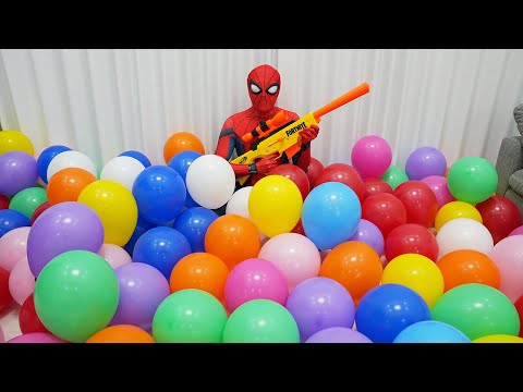 Spider Man Nerf Gun Popping Balloons! (spider-man in real life)