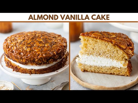 Fluffy Caramelised Almond Vanilla Cake With Custard- Cream Filling | Soft Vanilla Tea Cake Recipe