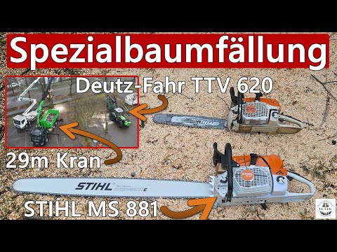 Spezialbaumfällung im Wohngebiet | STIHL MS 881 | 29m Kran | Deutz-Fahr TTV 620 | Lehmann GmbH