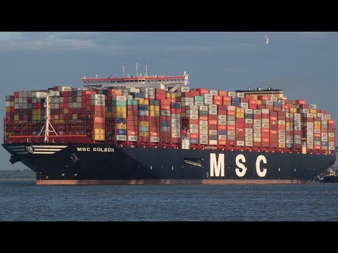 New World's largest container ship, MSC Gülsün departs Felixstowe at first light. 7th September 2019