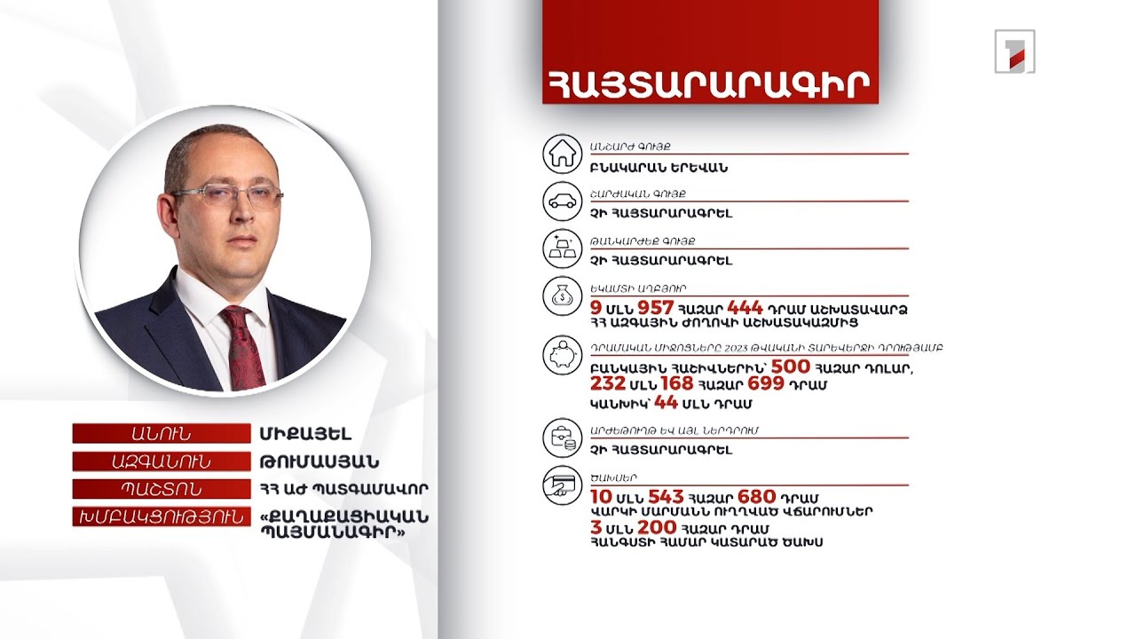 Բնակարան, 500 հազար դոլար, 276 մլն դրամ. ՀՀ ԱԺ պատգամավոր Միքայել Թումասյանի հայտարարագիրը