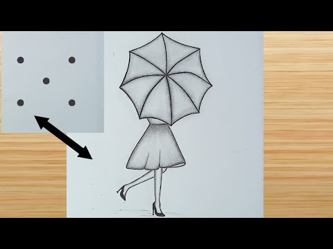 5 बिंदु se ladki ka chitra aasani se banayen || 6 points to girl with umbrella pencil drawing चित्र