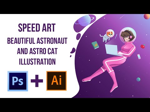 BEAUTIFUL ASTRONAUT AND ASTRO CAT ILLUSTRATION - SPEED ART
