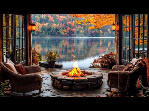 Peaceful Autumn Lakeside Cabin: Fire Pit and Relaxing Nature Sounds for Calm Ambiance