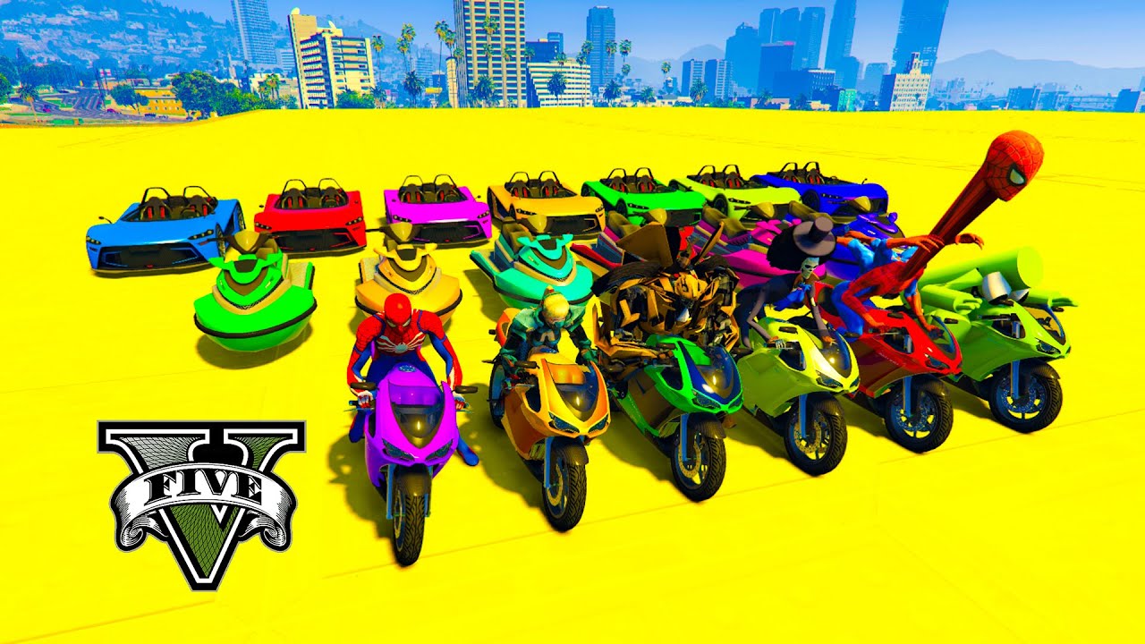 SPIDERMAN CARS MEGA Ramp Jump Challenge ! SUPERHERO HULK Monster Truck Trevor Friends Stunt - GTA V