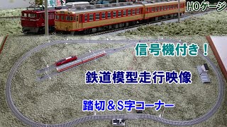 【鉄道模型 / HOゲージ】踏切、信号機、S字コーナーがある留置線付きレイアウトに、EF81形、キハ58系、キハ65系等を走らせる。