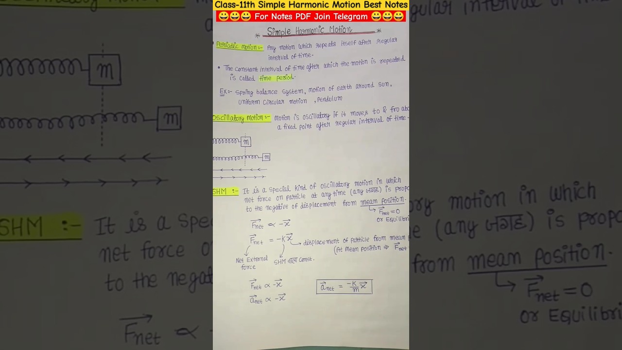 Class-11th  SHM  || Simple Harmonic Motion || Best Handwritten Notes With PDF 📌From Basic to Advance