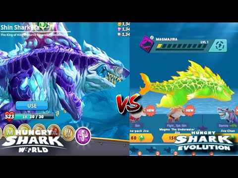 SHIN SHARKJIRA VS MAGMAJIRA - HUNGRY SHARK WORLD VS HUNGRY SHARK EVOLUTION