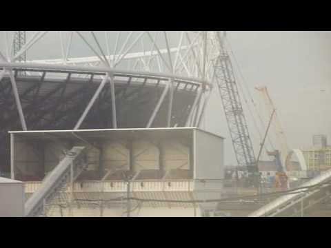 olympic park from the train August 2009: stadium, aquatics centre