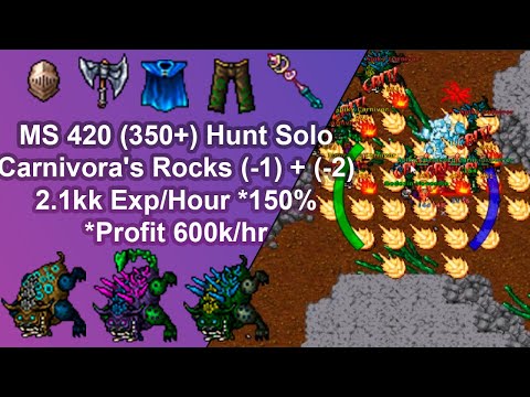 Tibia Master Sorcerer 420 (350+) Solo Hunt/ PH/Carnivora's Rocks/2.1kk Exp/Hour 150%,*Profit 600k/hr