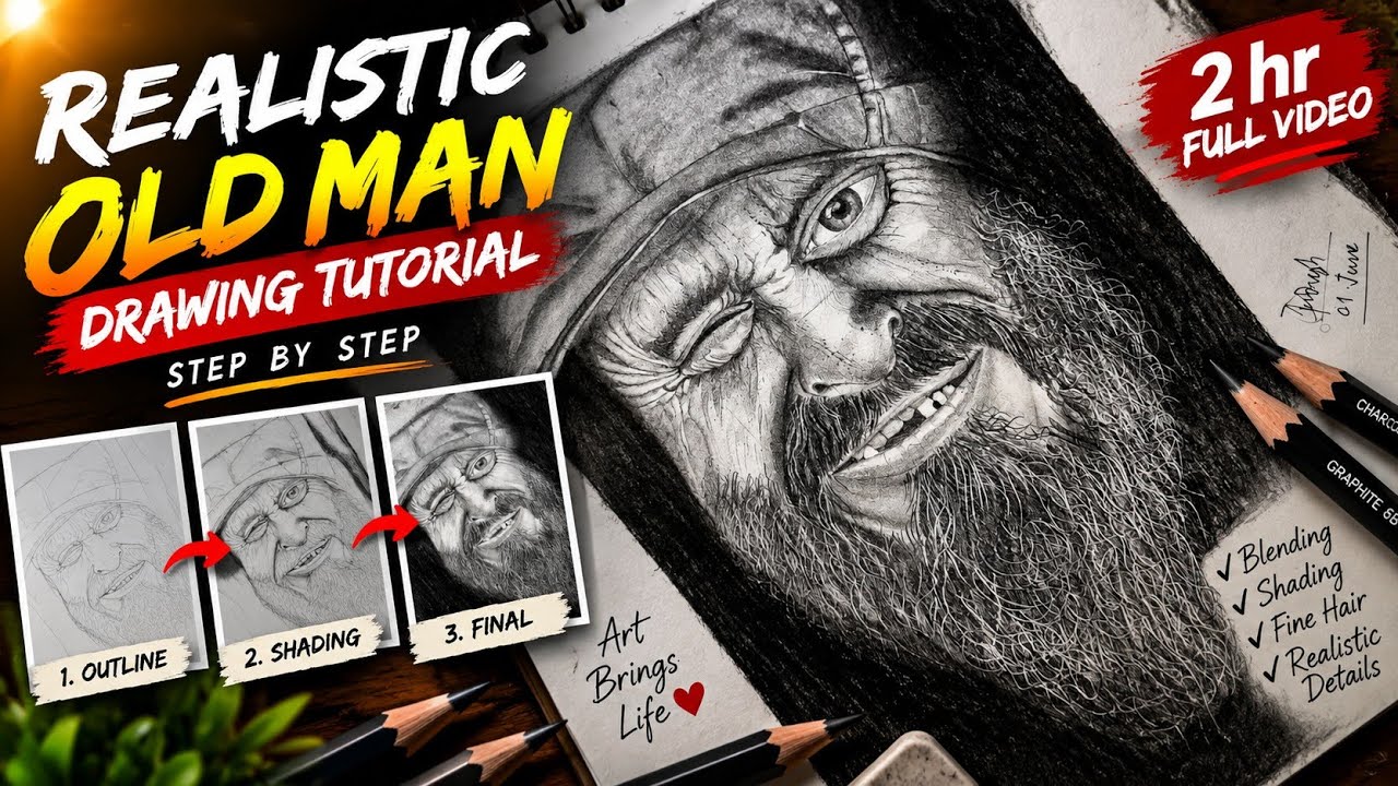 Drawing a realistic old man step by step tutorial