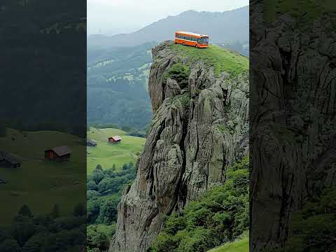 Edge of Your Seat: Red Bus's Daring Drive on a Cliffside Road! #mountainscenery